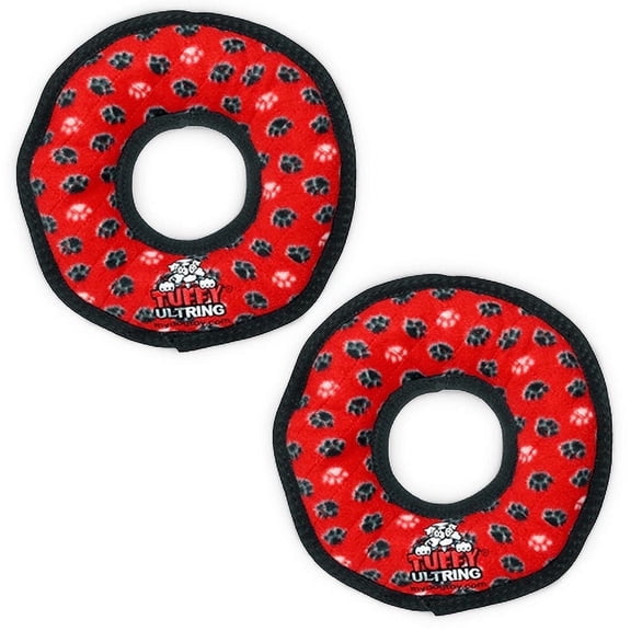 TUFFY® Ultimate Ring Red Paw, 2-Pack, Durable Plush Squeaky Dog Toys