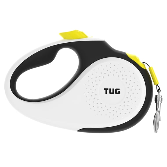 TUG 360° Tangle-Free Retractable Dog Leash | 16 ft Strong Nylon Tape | One-Handed Brake, Pause, Lock (Large, White/Neon Yellow)