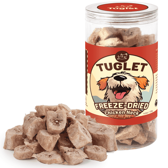 TUGLET Freeze Dried Dog and Cat Treats, Low Calories Chicken Neck Bite Training Snacks, 4.2 oz