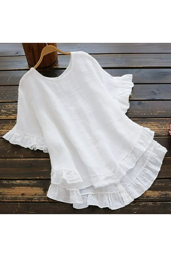 TUGOXIE Basic Going Out Tops for Women Loose Ruffle White Boho Ruffle Blouses for Women L