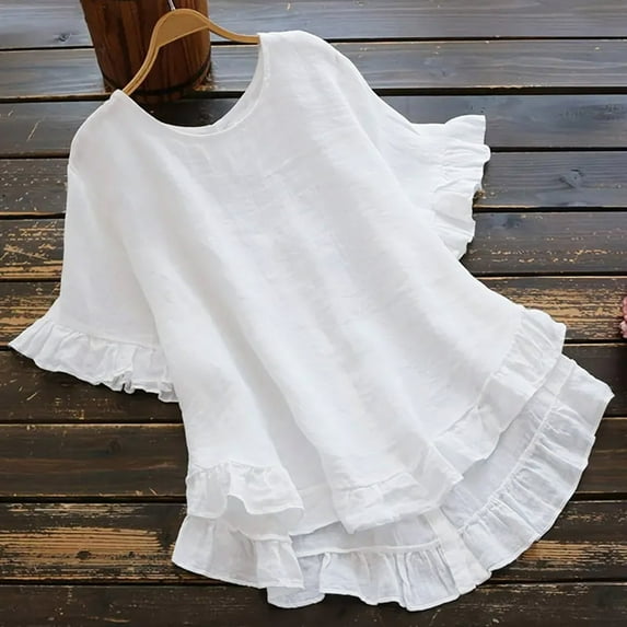 TUGOXIE Basic Going Out Tops for Women Loose Ruffle White Boho Ruffle Blouses for Women L