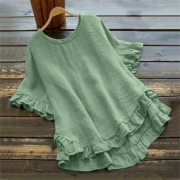 TUGOXIE Basic Summer Tops for Women Green Boho Loose Ruffle Ruffle Summer Blouse L