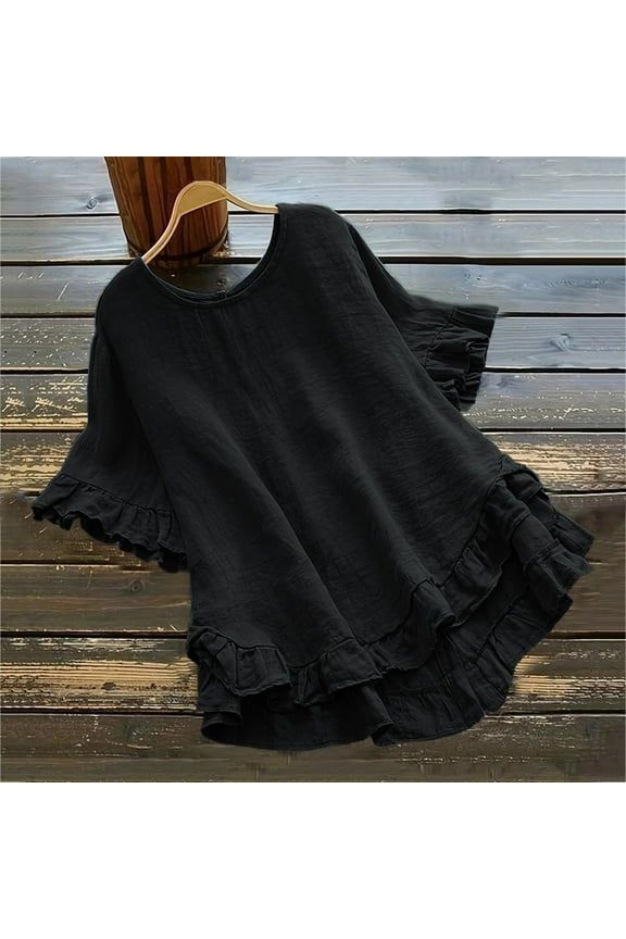 TUGOXIE Black T-Shirts for Women Boho Loose Ruffle Basic Ruffle Summer Blouse L