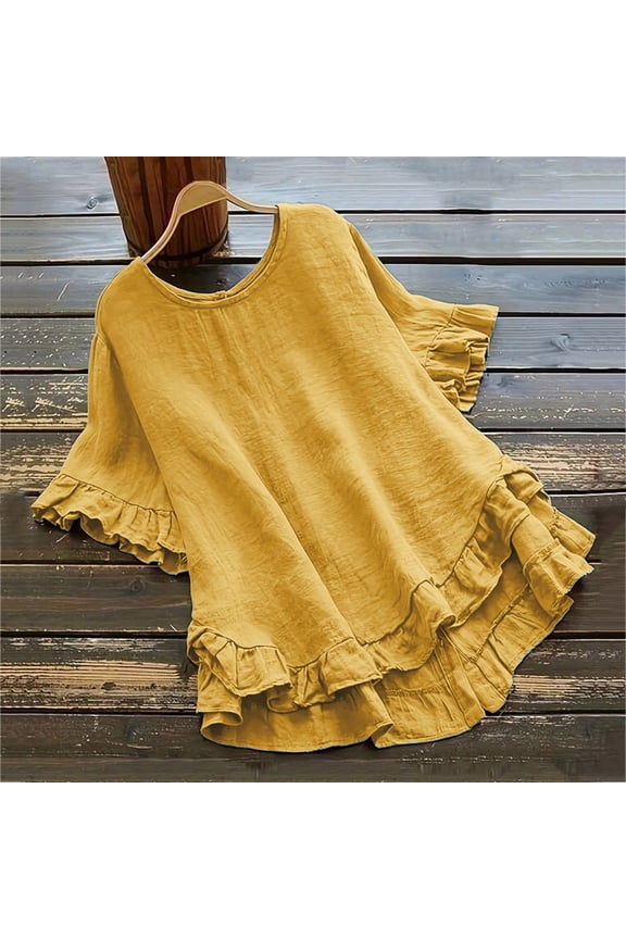 TUGOXIE Boho T Shirts for Women Basic Ruffle Yellow Loose Ruffle Womens Blouses M
