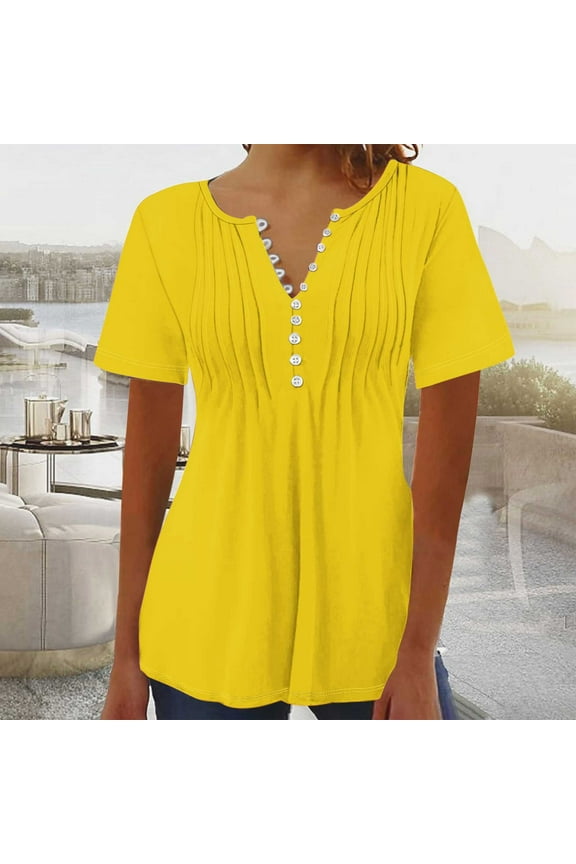 TUGOXIE Button Womens Tops Boho Yellow Loose Fit Casual Women Blouse XXL