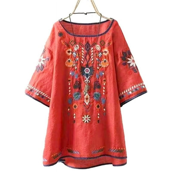 TUGOXIE Embroidered Shirt for Women 2024 Casual Red Basic Boho Womens Tees L