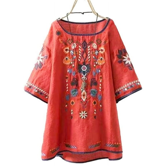 TUGOXIE Embroidered Shirt for Women 2024 Casual Red Basic Boho Womens Tees L