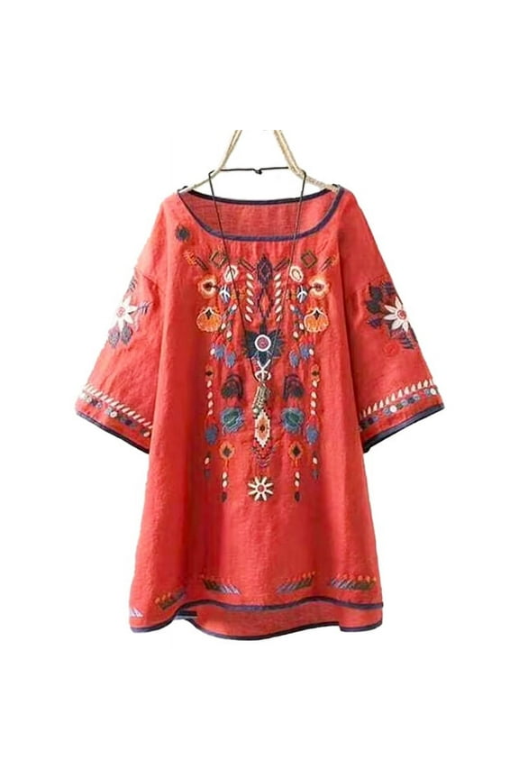 Embroidered Shirt for Women 2024 Casual Red Basic Boho Womens Tees L