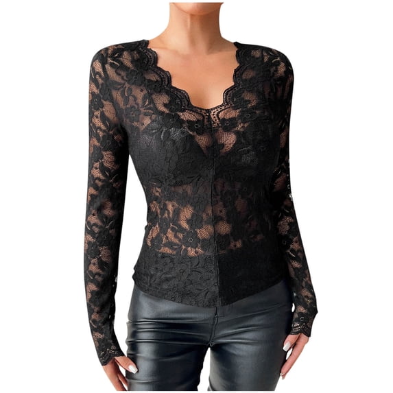 TUGOXIE Lace Womens Long Sleeve T Shirts Sheer Black Solid Comfy Slim Blouses Womens Tops Trendy,Size S