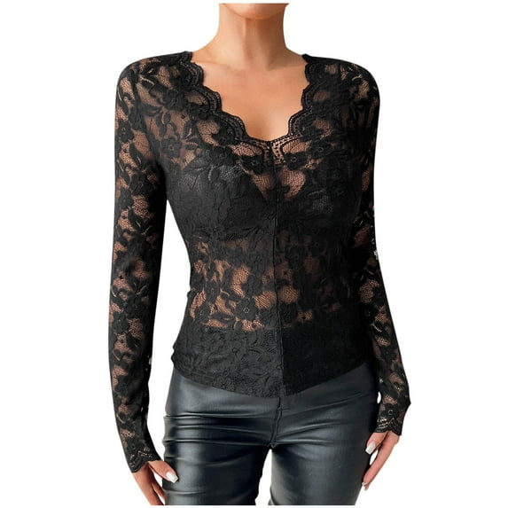 TUGOXIE Long Sleeve Shirts for Women Lace Sheer Black Blouses Comfy Slim Solid Women's Tops,Size L