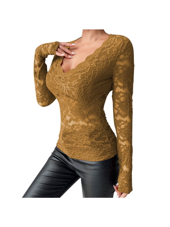 Long Sleeve Shirts for Women Lace Yellow Sheer Comfy Blouses Solid Slim Womens Holiday Tops,Size XL