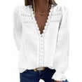 thumbnail image 1 of TUGOXIE Long Sleeve Womens Fall Tops White Sexy Lace Loose V Neck Oversized Ruffle Blouses for Women, 1 of 8