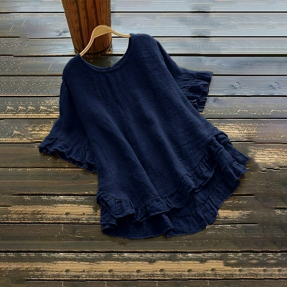 TUGOXIE Loose Womens Casual Tops Blue Linen Button Flowy High Low Ruffle Blouses