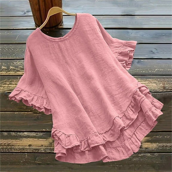 TUGOXIE Oversized T Shirts for Women Short Sleeve Basic Pink Crew Neck Loose Fit Ruffle Women's Tops L