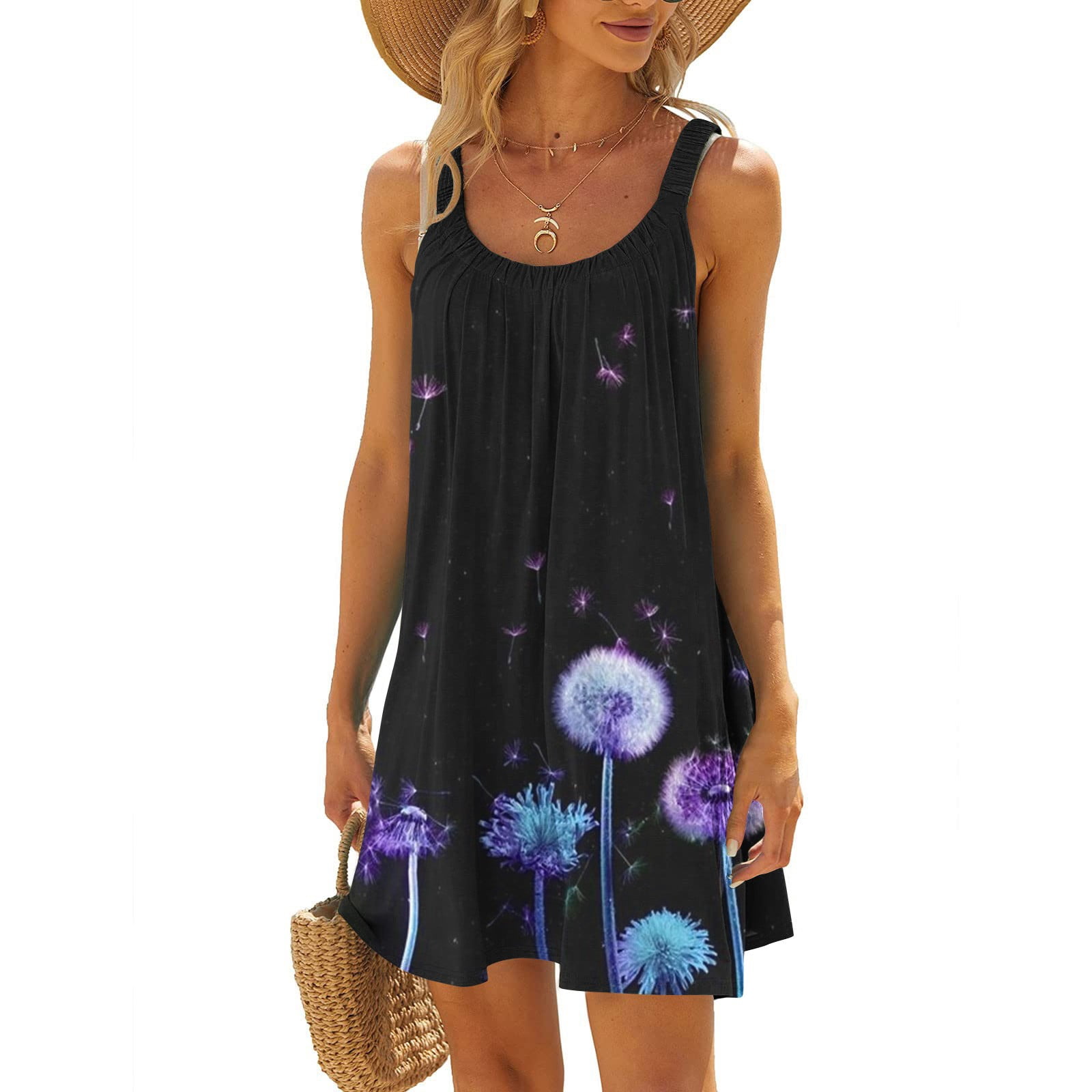 TUGOXIE Purple Going Out Dresses Boho Loose Casual Mini Sleeveless