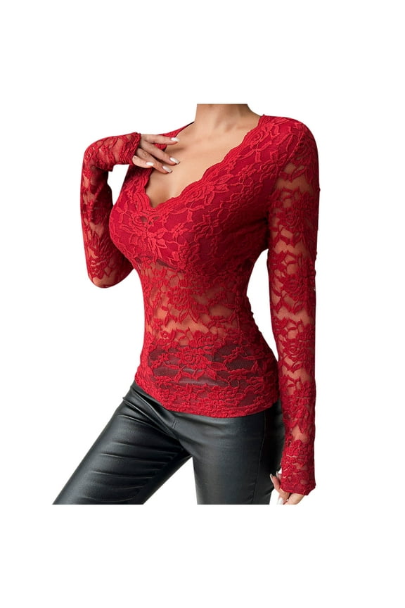 Sheer Long Sleeve Shirts for Women Lace Red Blouses Slim Comfy Solid Women Tops,Size XL