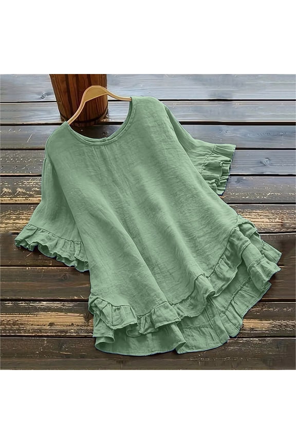 TUGOXIE Short Sleeve Plus Size Womens Tops Crew Neck Solid Fashion Green Ruffle T-Shirts Loose Womens Shirts Loose Fit
