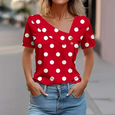 TUGOXIE Short Sleeve Shirt for Women 2024 Loose Fit Polka Dot Red V-Neck Casual Summer Blouses for Women