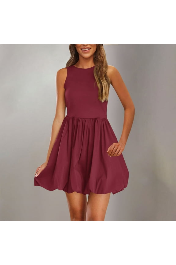 Spring Dresses for Women Flowy Red Mini Sleeveless Bubble Plain A-Line Crew Neck Dress,Size L