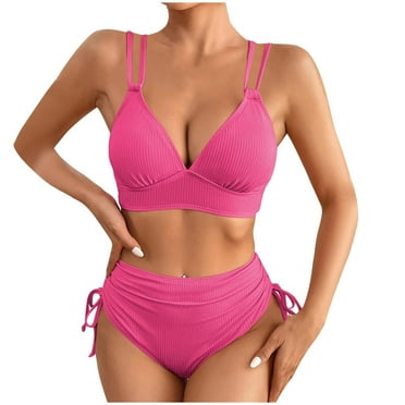 TUGOXIE Women Swimsuits Straps Pink Solid Drawstring Set 2pc Ladies Swimsuits,Size L