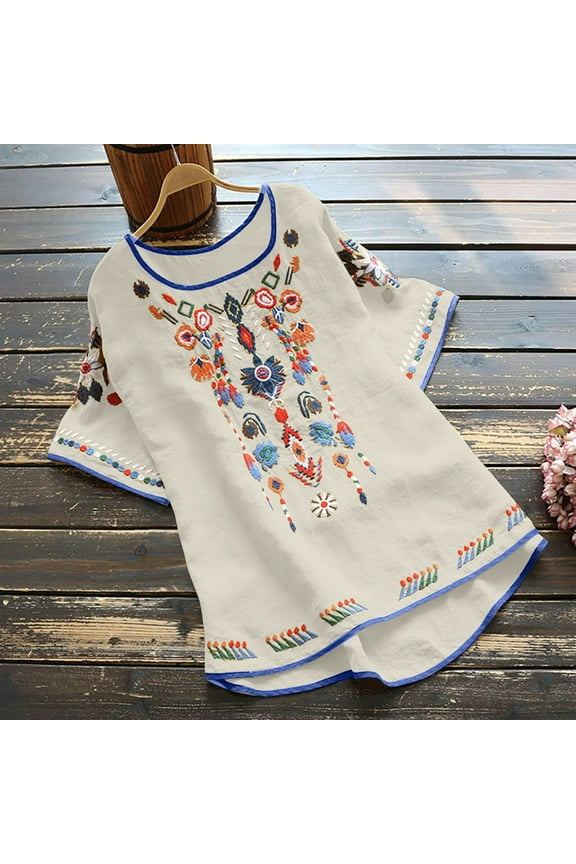 TUGOXIE Womens Fall Tops Boho Beige High Low Embroidered Linen Shirts for Ladies