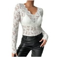 thumbnail image 1 of TUGOXIE Womens Long Sleeve T Shirts Lace White Sheer Blouses Comfy Solid Slim Tops for Women Trendy,Size L, 1 of 3