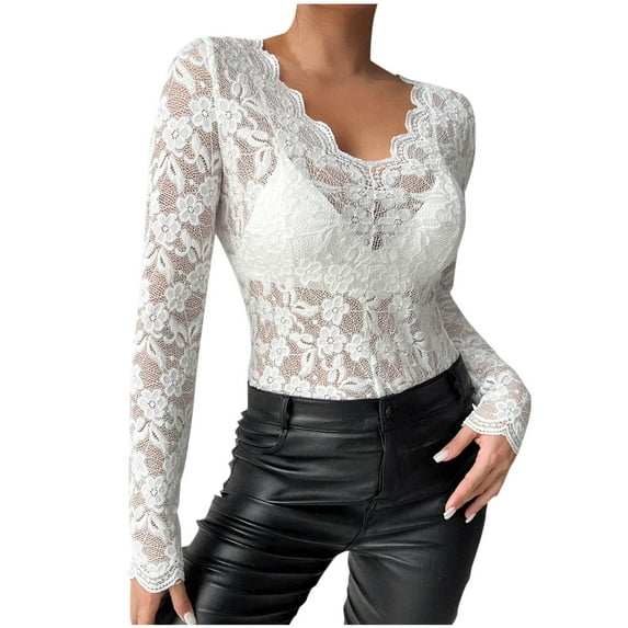 TUGOXIE Womens Long Sleeve T Shirts Lace White Sheer Blouses Comfy Solid Slim Tops for Women Trendy,Size L