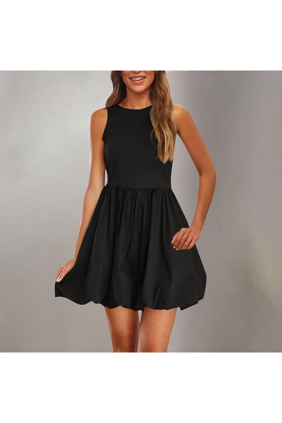 Womens Summer Dresses Mini Flowy Black Plain Bubble A-Line Sleeveless Crew Neck Sun Dress,Size XXL