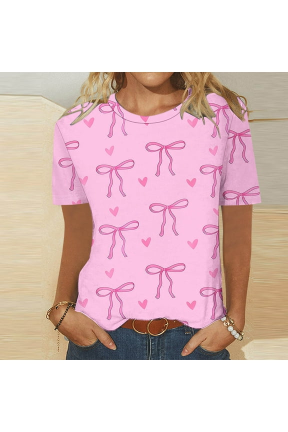 Womens Tops Casual Short Sleeve Pink Bow Comfy Slim Pullover T Shirts for Women,Size L