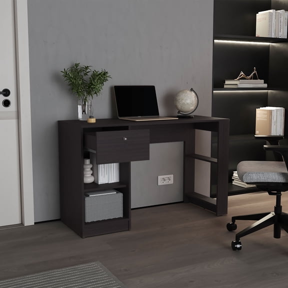 TUHOME 47" Modern Writing Desk with One Drawer and Four Open Shelves, Space-Saving Home Office