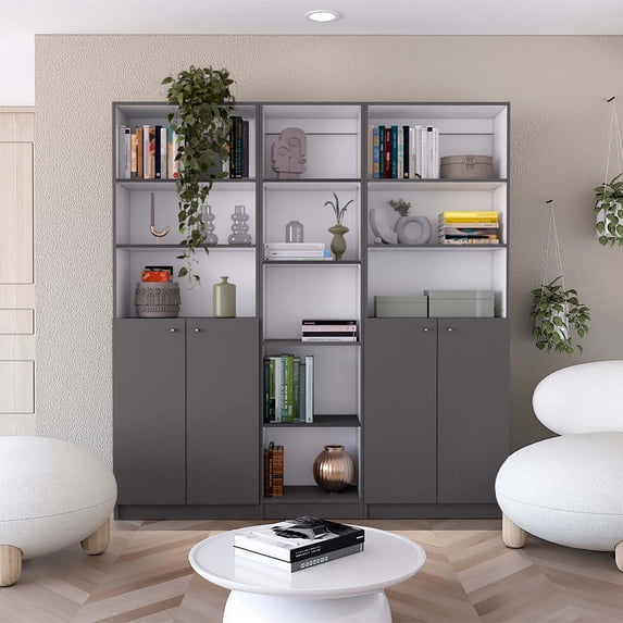 Acres 3 Piece Living Room Set with Home Xs Bookcase + 2 Home 2-Door Bookcase, Matt Gray / White
