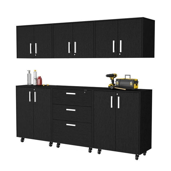 Akron 6 Piece Garage Set, 3 Storage Wall Cabinets + 2 Storage Cabinets + Storage Drawer Base Cabinet, Black