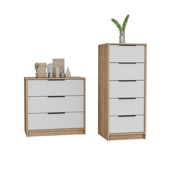 Aniston 2 Piece Bedroom Set, Kaia 3 Drawer Dresser + Kaia 5 Drawer Dresser, White / Pine