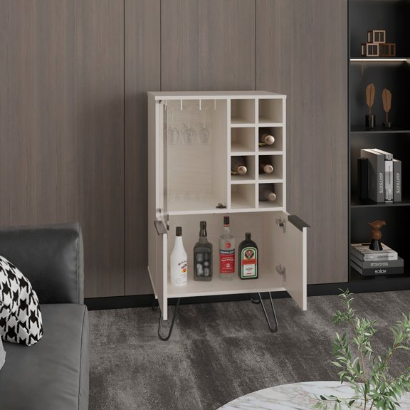 TUHOME Aster Bar Cabinet with Double Doors, Glass Display Compartment, Eight Bottle cube