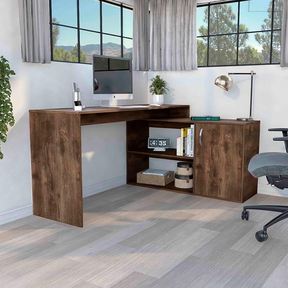 Axis Modern L-Shaped Computer Desk with Open & Closed Storage Dark Brown