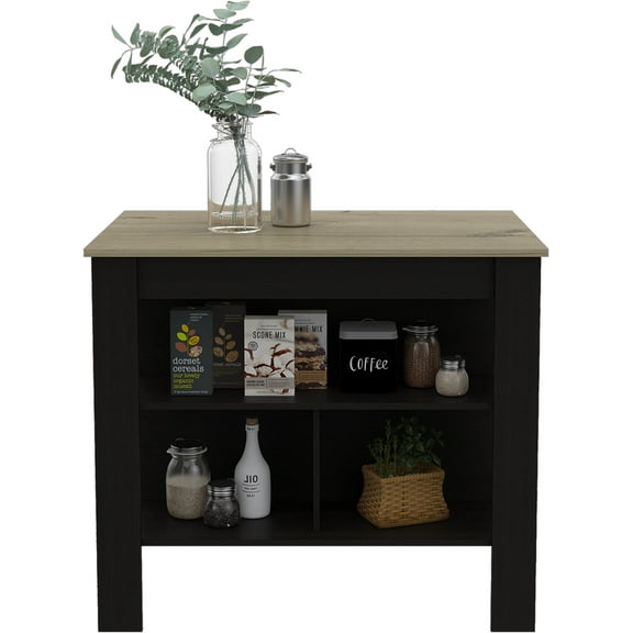 TUHOME Cala 3-Shelf Wooden Casual Kitchen Island, Black Base/Light Oak Top