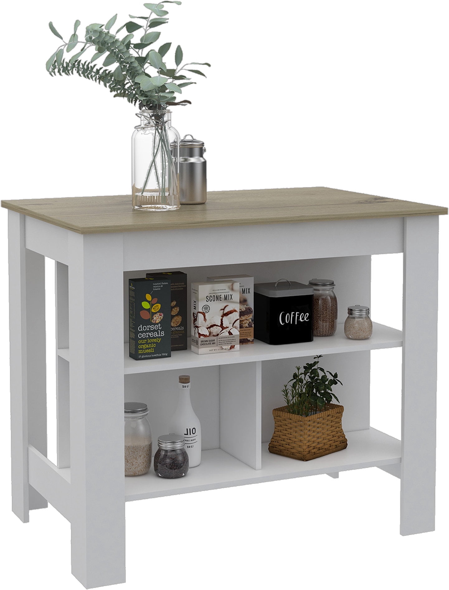 TUHOME Freestanding Cala 3-Shelf Wooden Kitchen Island, White Base/Light Oak Top