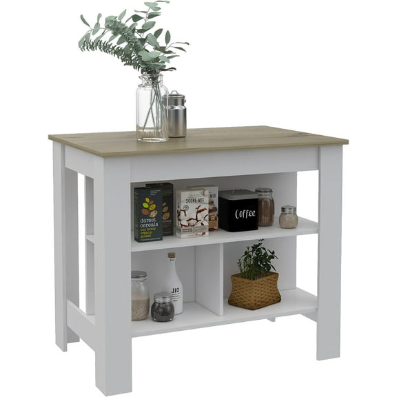TUHOME Freestanding Cala 3-Shelf Wooden Kitchen Island, White Base/Light Oak Top