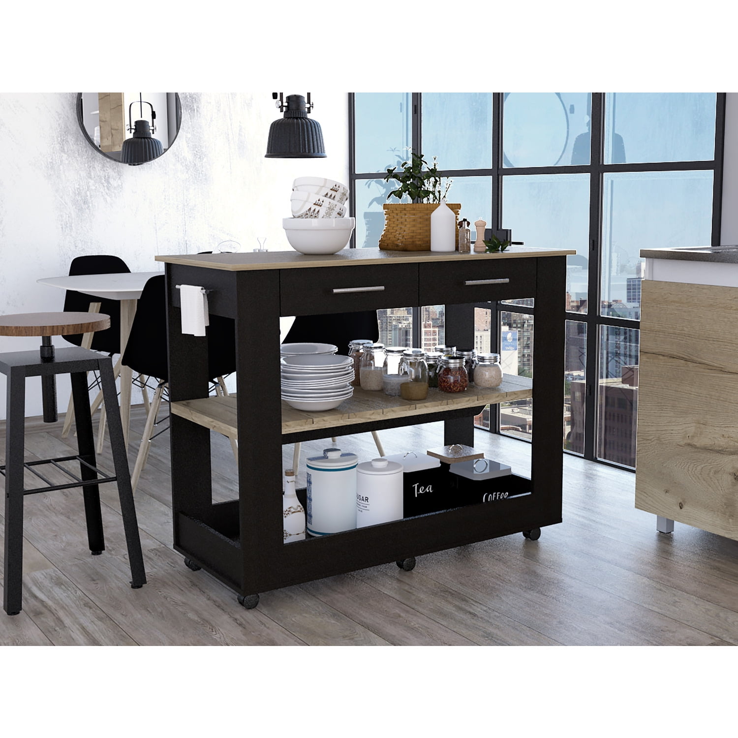 TUHOME Cala Kitchen Island 46 Black And Light Oak