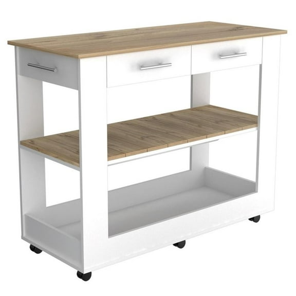 Cala Kitchen Island 46, Six Casters, Two Drawers, Lower Open Shelf White / Light Oak