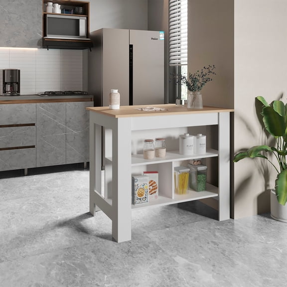 TUHOME Cala Kitchen Island with Storage and Seating, 3 Shelves, Wide Top, Engineered Wood