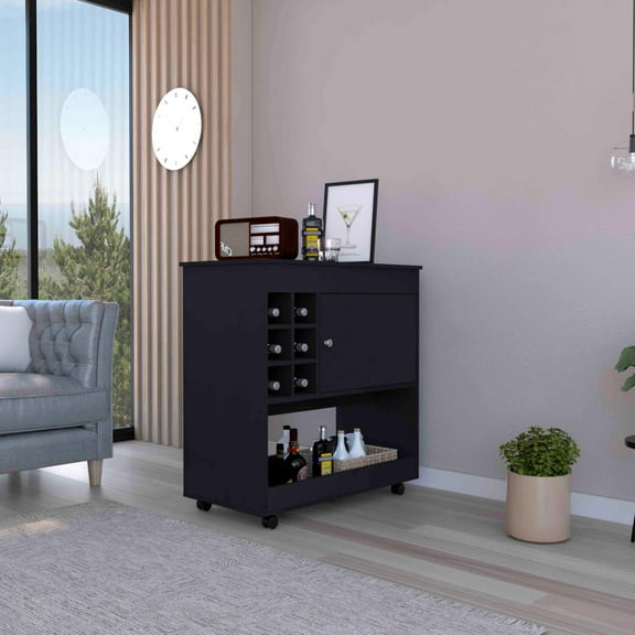 Camelia Bar Cart, Lower Panel, Six Bottle Cubbies, One Cabinet Black