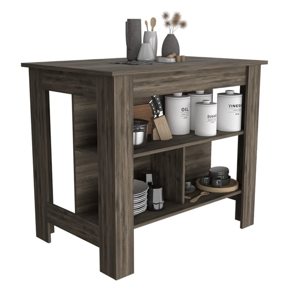 TUHOME Cala Kitchen Island with Antimicrobial Tabletop & 3 Open Shelves, Seating Workstation