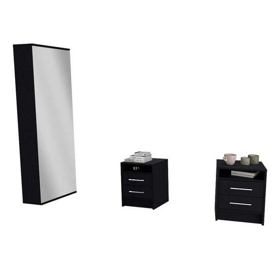 Cecil 3 Piece Bedroom Set, Leto Shoe Rack + 2 Eter Nightstands, Black