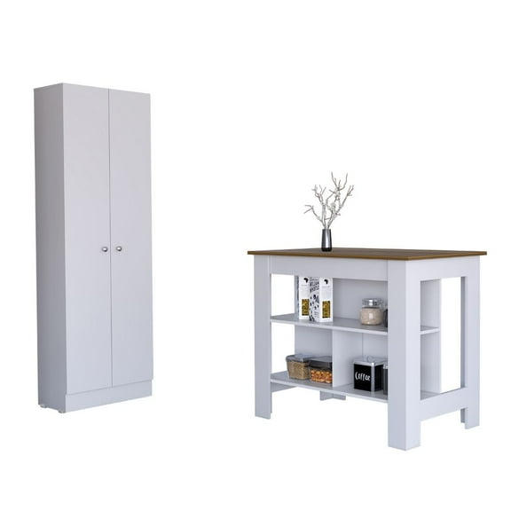 Charlotte 2 Piece Kitchen Set, Cala Kitchen Island + Multistorage Pantry, White /Walnut