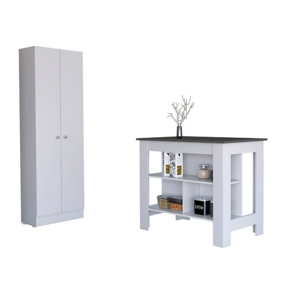Charlotte 2 Piece Kitchen Set, Cala Kitchen Island + Multistorage Pantry, White /Onyx