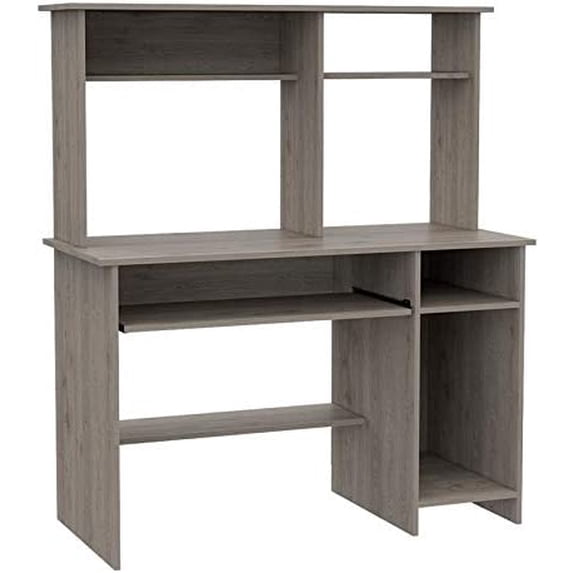 TUHOME Compu 120 Hutch Desk, Retractable Keyboard, Hutch, Shelf for CPU, Multiple Shelves, Light Grey, For Office