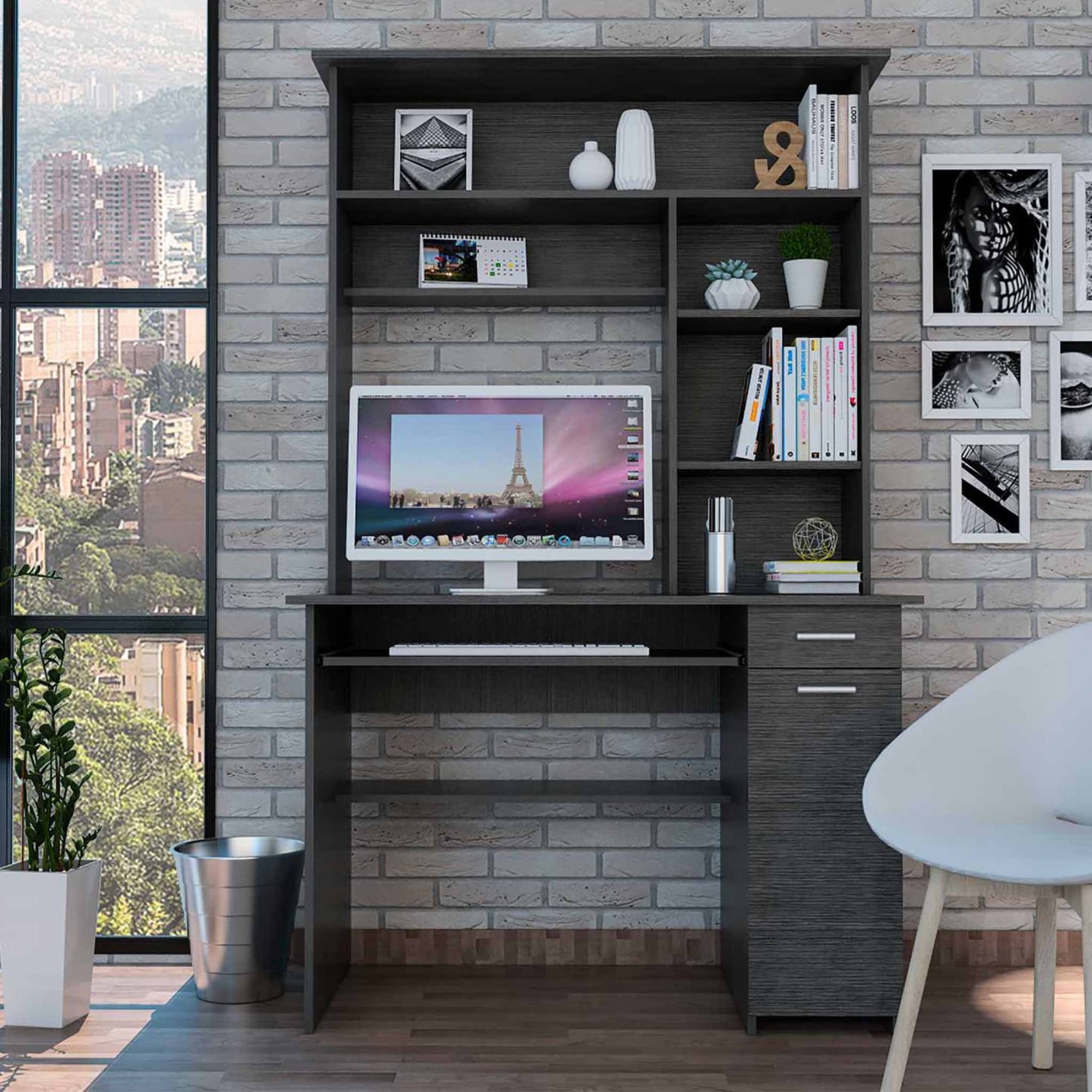 Light Gray Engineered Wood Hutch Desk with Drawer and Keyboard Tray