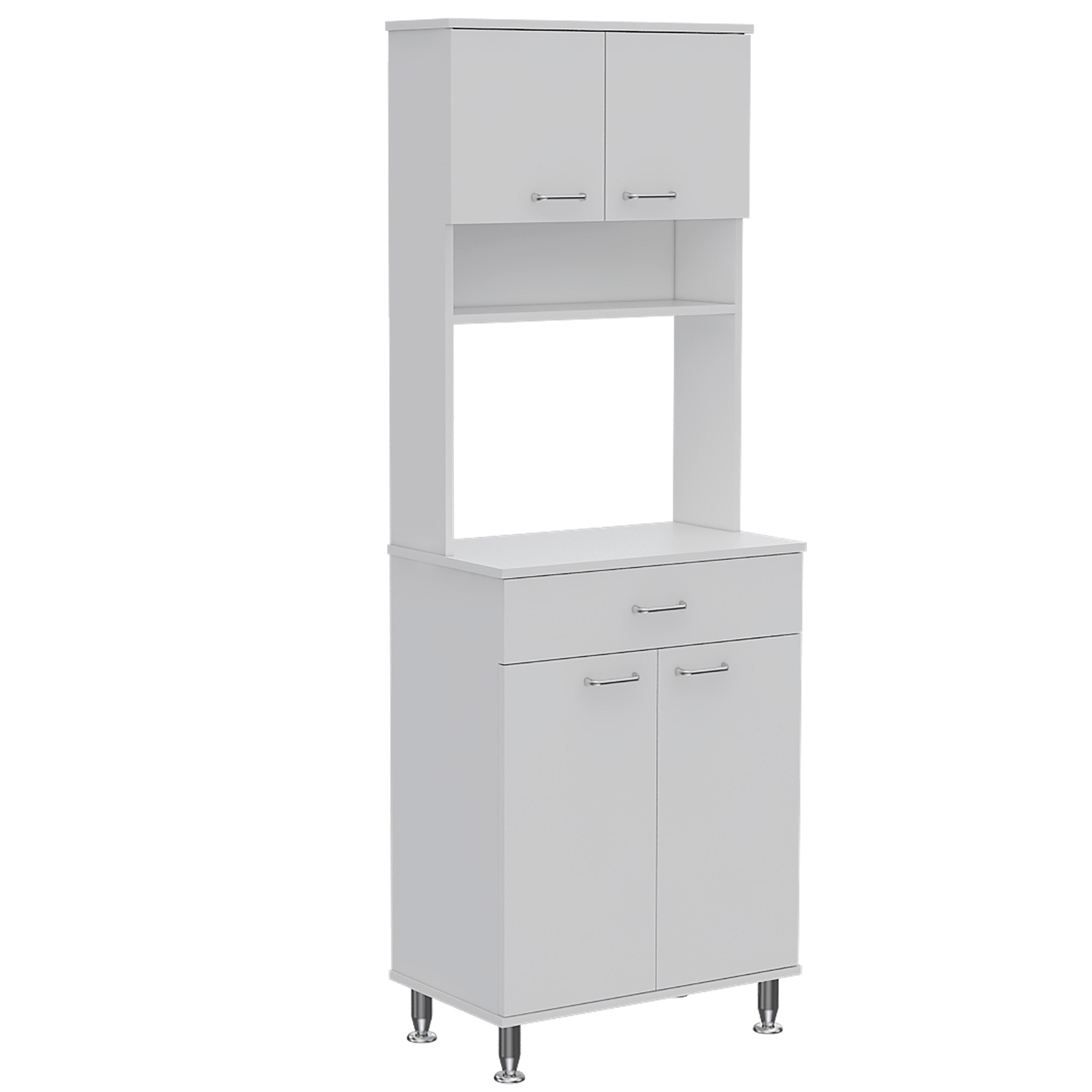 White Engineered Wood Kitchen Pantry with Adjustable Metal Legs