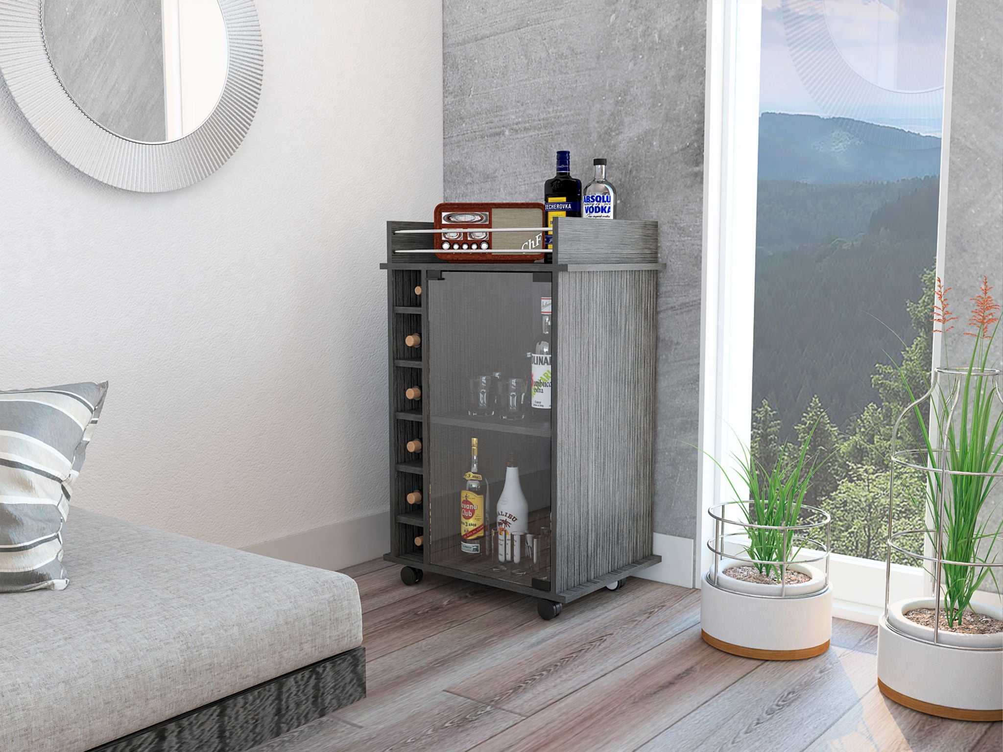 Smoky Oak Mobile Bar Cart with Wine Rack and Glass Storage